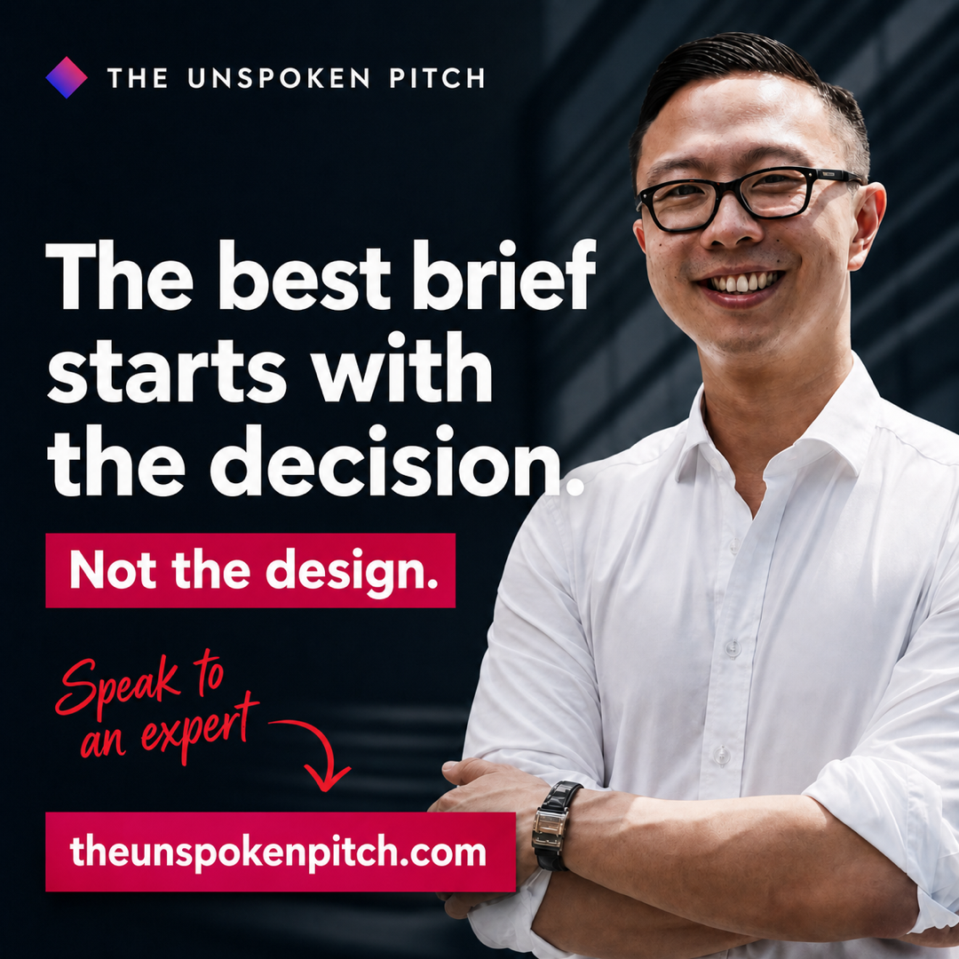 Square founder-led TUP graphic featuring Scott Lee in a white shirt against a dark modern interior. The official TUP diamond and white wordmark sit above a bold Jost headline reading, The best brief starts with the decision. A separate magenta label reads, Not the design. A red handwritten arrow says, Speak to an expert, and points to theunspokenpitch.com.